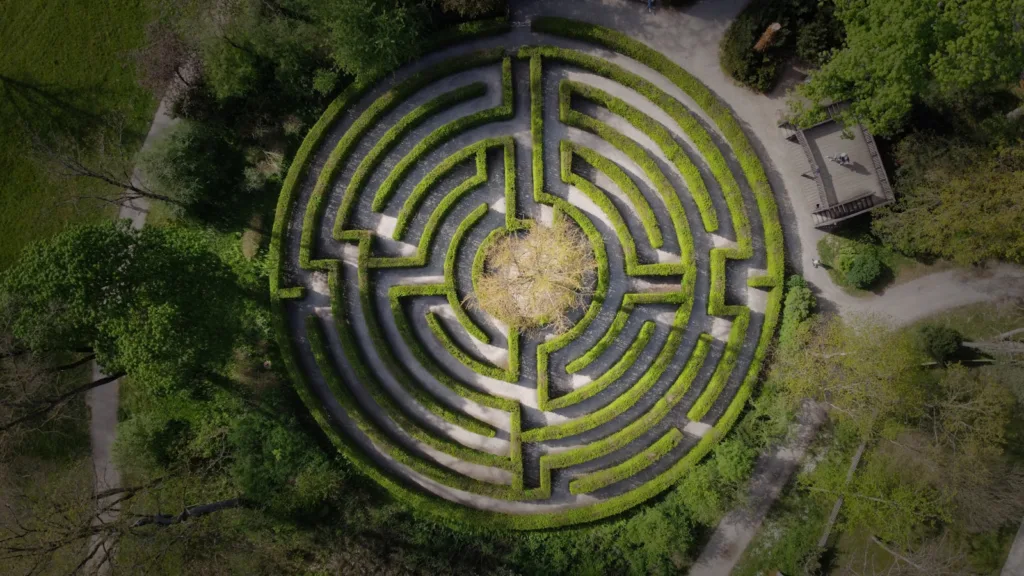 an aerial view of a circular maze in a park